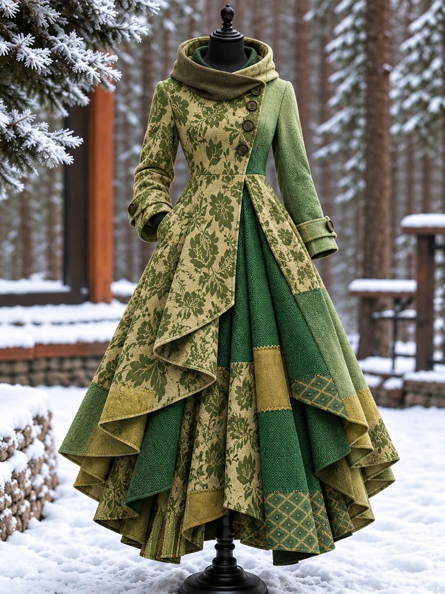 Women’s Vintage High-Collar Asymmetrical Double-Layer Hem Long Maxi Coat