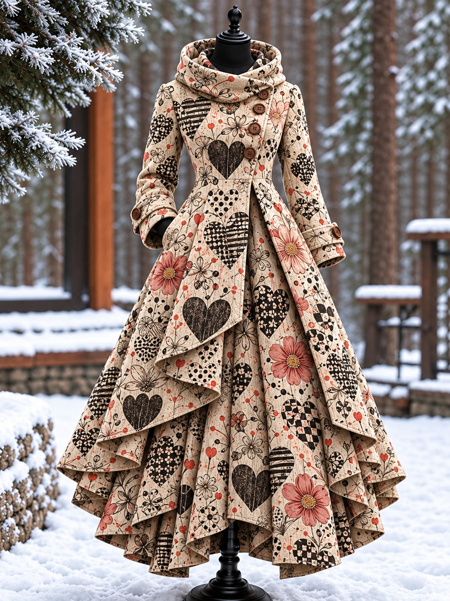 Women’s Vintage High-Collar Asymmetrical Double-Layer Hem Long Maxi Coat