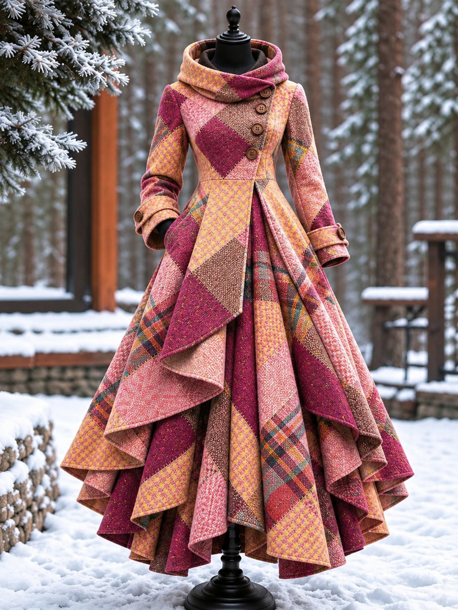 Women’s Vintage High-Collar Asymmetrical Double-Layer Hem Long Maxi Coat