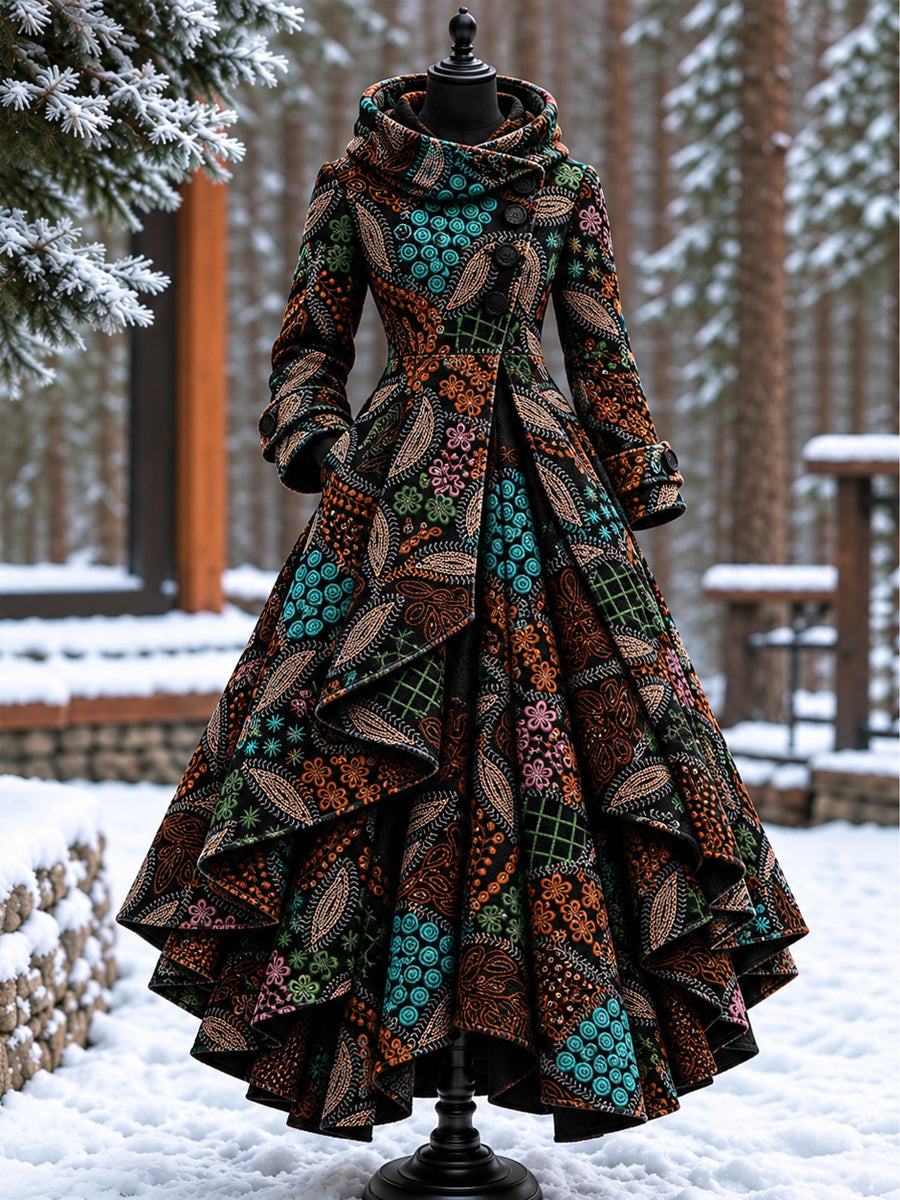 Women’s Vintage High-Collar Asymmetrical Double-Layer Hem Long Maxi Coat