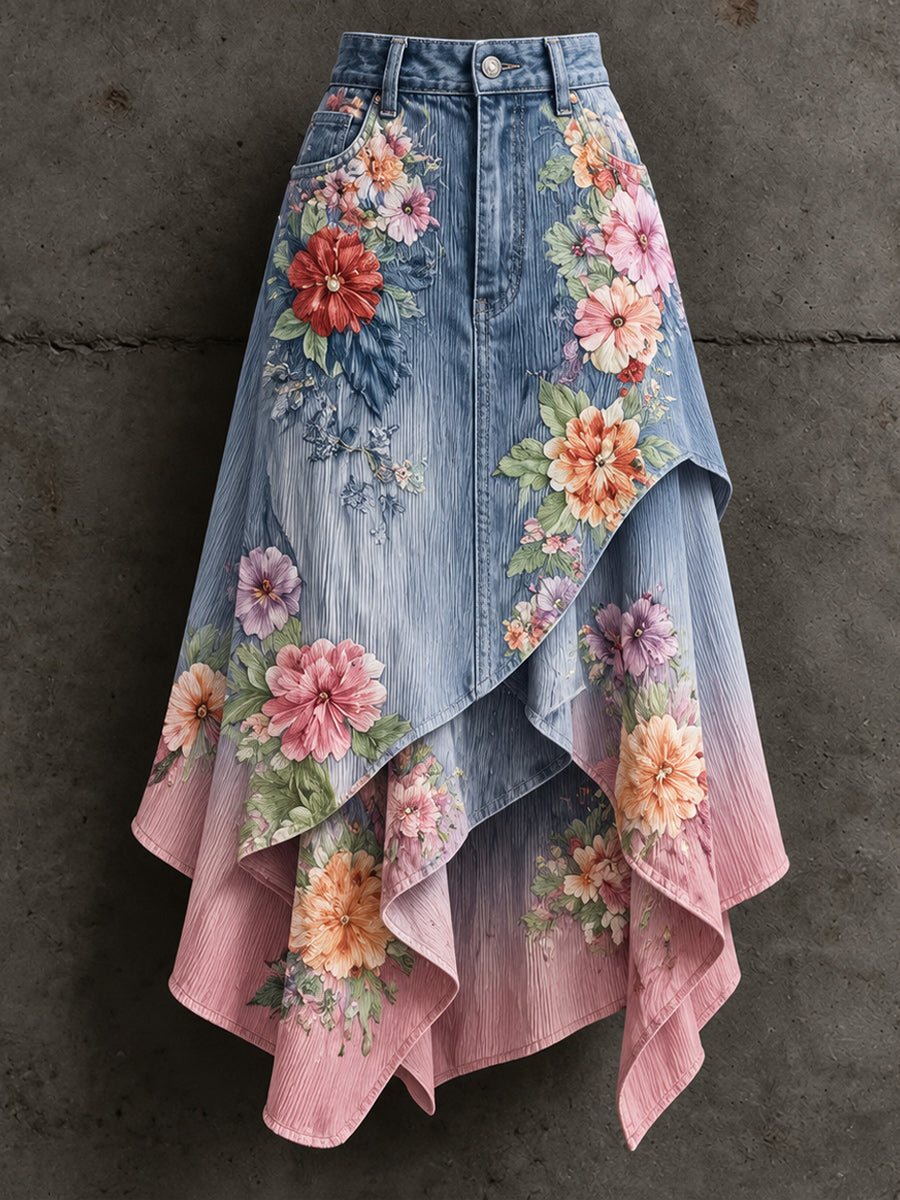 Women's Retro Style Art Print Irregularly Layered Stitched Skirt