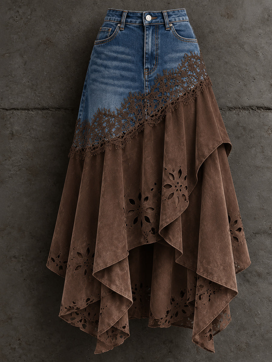 Women's Retro Style Art Print Irregularly Layered Stitched Skirt