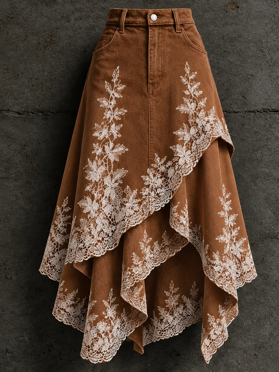 Women's Retro Style Art Print Irregularly Layered Stitched Skirt