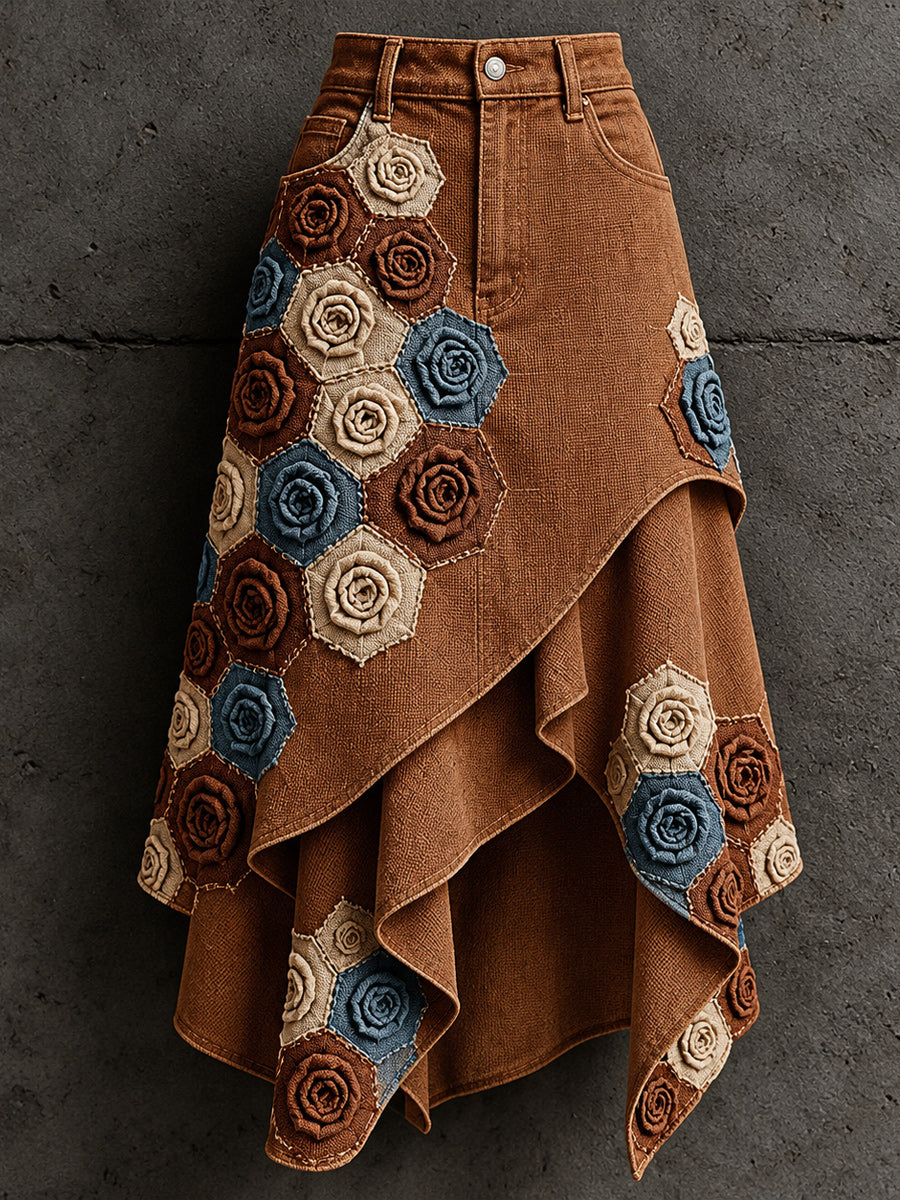 Women's Retro Style Art Print Irregularly Layered Stitched Skirt