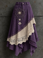 Women's Retro Style Art Print Irregularly Layered Stitched Skirt