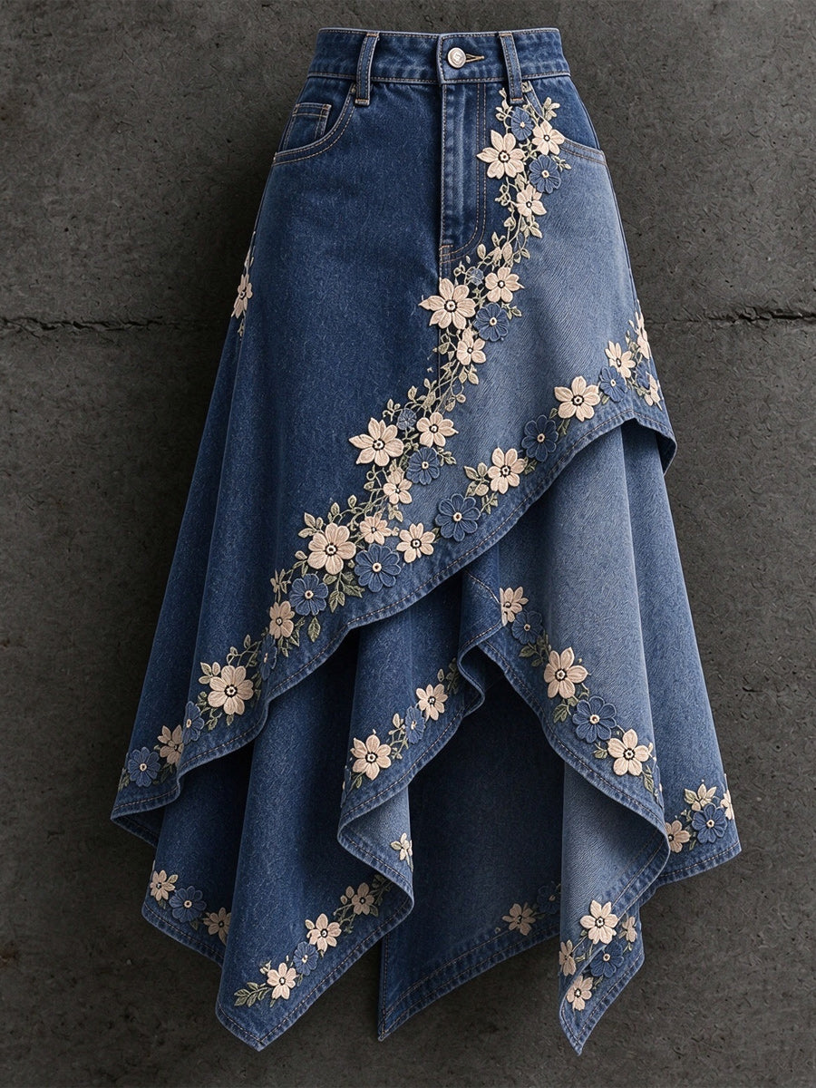 Women's Retro Style Art Print Irregularly Layered Stitched Skirt