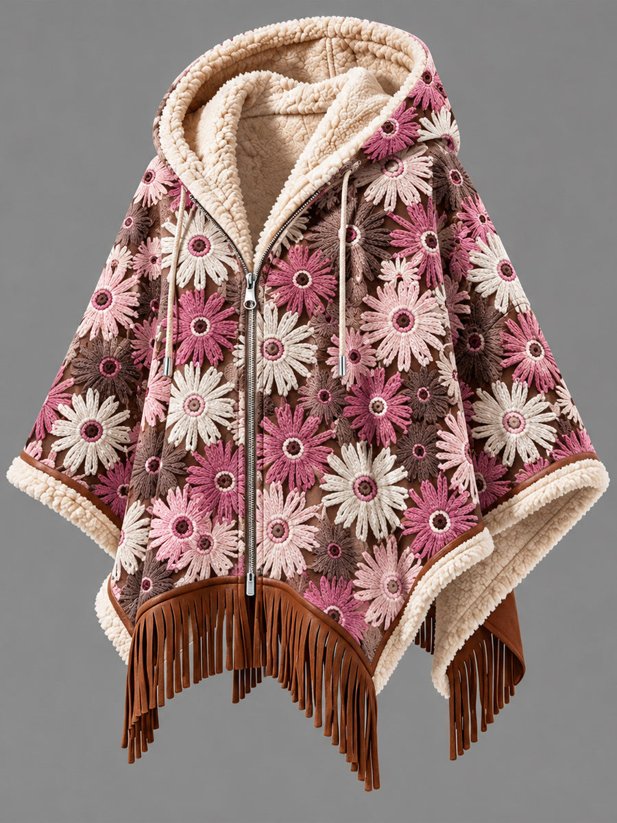 Women's Fall Winter Vintage Art Fleece-Lined Hooded Fringe Poncho