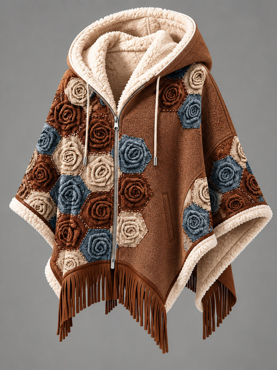 Women's Fall Winter Vintage Art Fleece-Lined Hooded Fringe Poncho