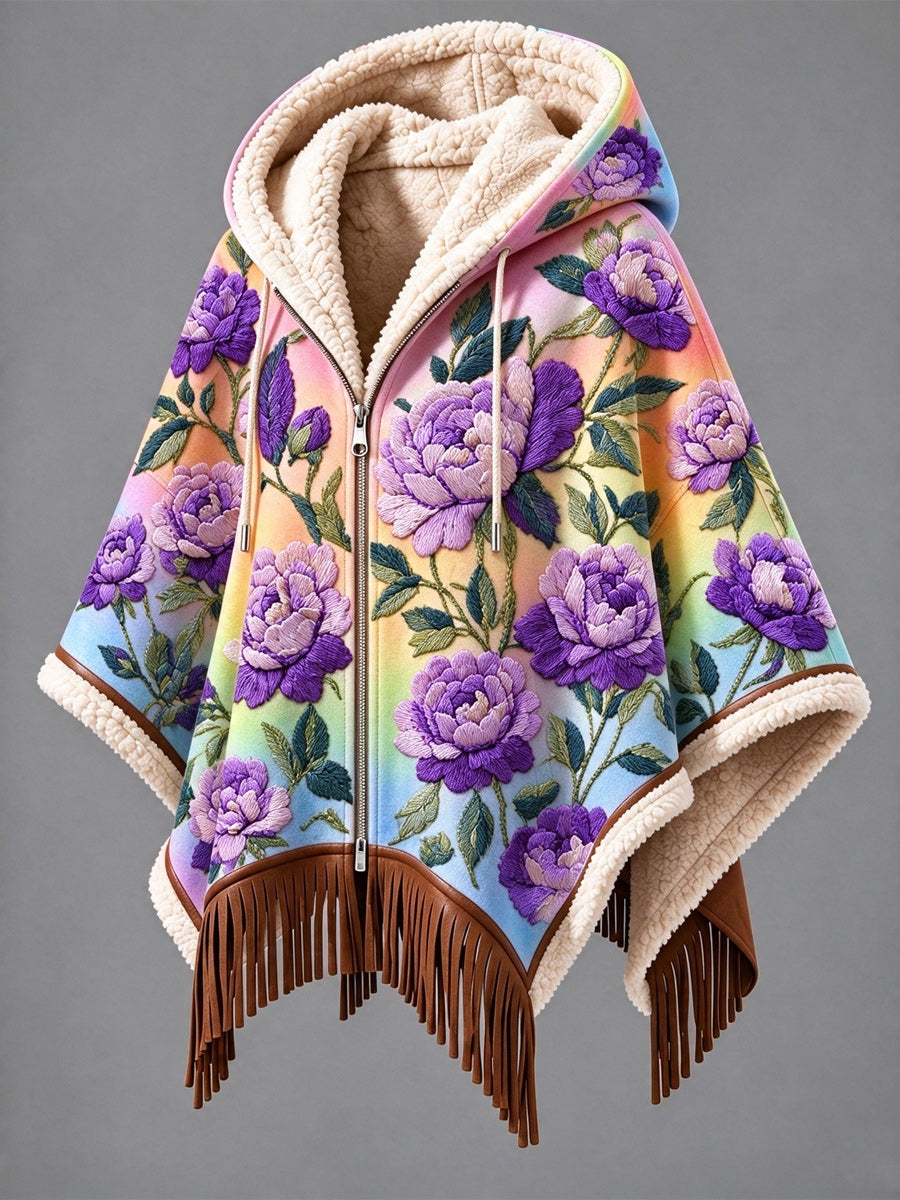 Women's Fall Winter Vintage Art Fleece-Lined Hooded Fringe Poncho