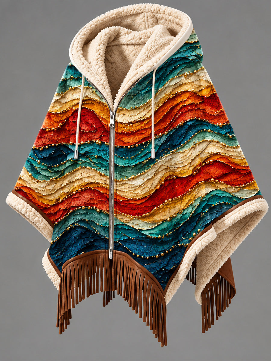 Women's Fall Winter Vintage Art Fleece-Lined Hooded Fringe Poncho