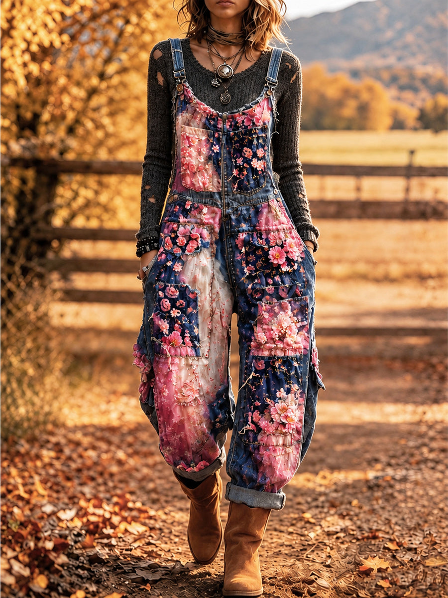 Women's Retro Style Art Print Washed Cotton Denim Patchwork Jumpsuit