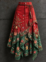 Women's Retro Style Art Print Irregularly Layered Stitched Skirt