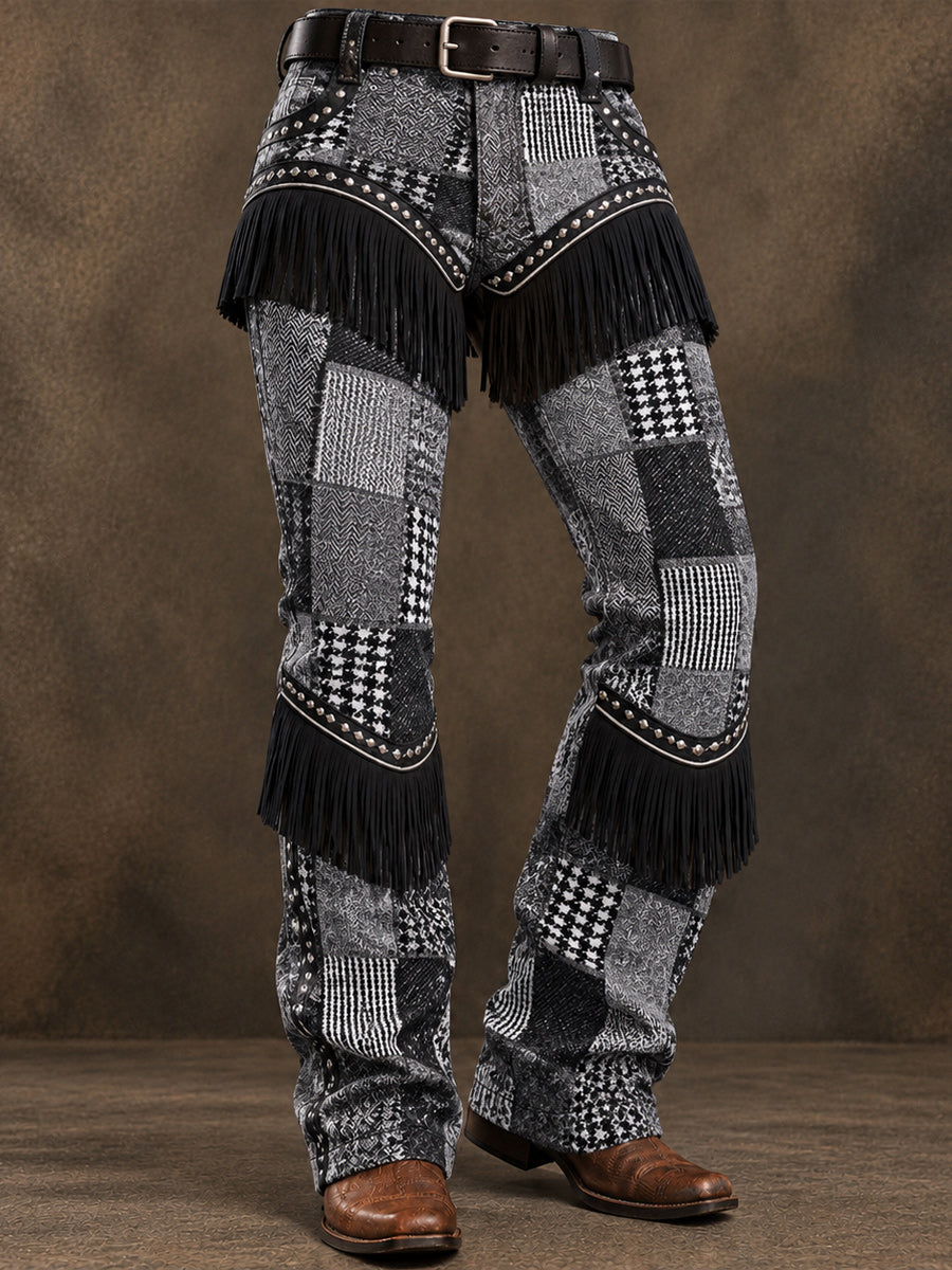 Men's Retro Art Print Casual Tassel Workwear Trousers