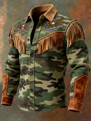 Men's Retro Western Style U.S 250 Commemorative Freedom Print Vintage Tassel Casual Long Sleeve Shirt