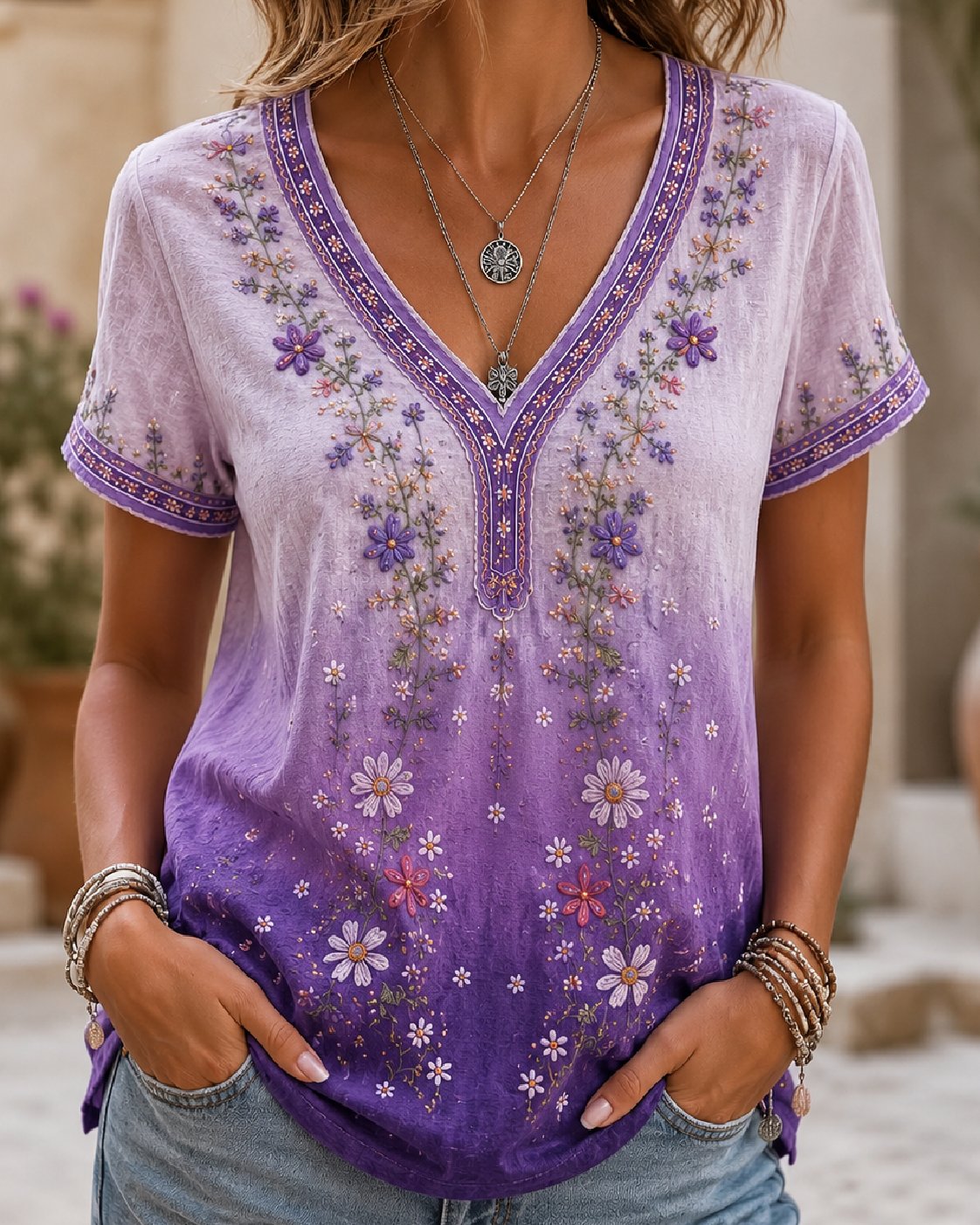 Women'S Casual Short-Sleeve Top With Purple Floral Print
