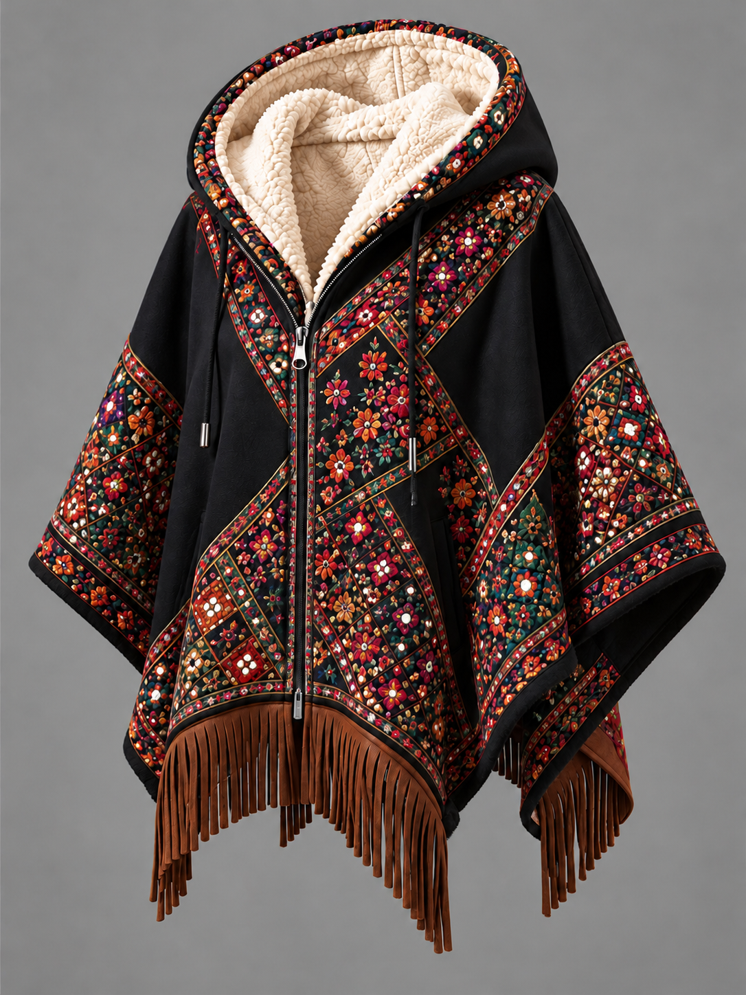 Women's Fall Winter Vintage Art Fleece-Lined Hooded Fringe Poncho