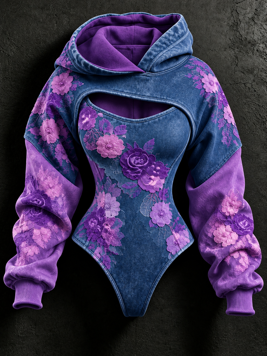 Women's Vintage Art Stretch Bodysuit Hooded Sweatshirt Two-Piece Set