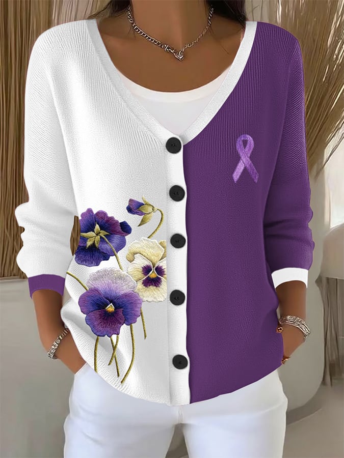 Women's Alzheimer'S Awareness Flowers Print Cardigan