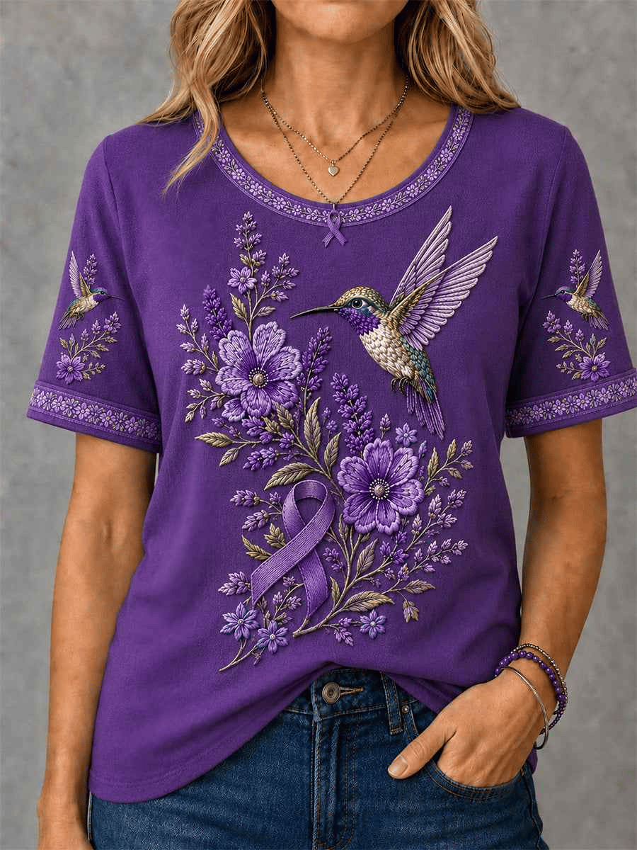 Women's Retro Hummingbird And Floral Print Comfortable T-Shirt