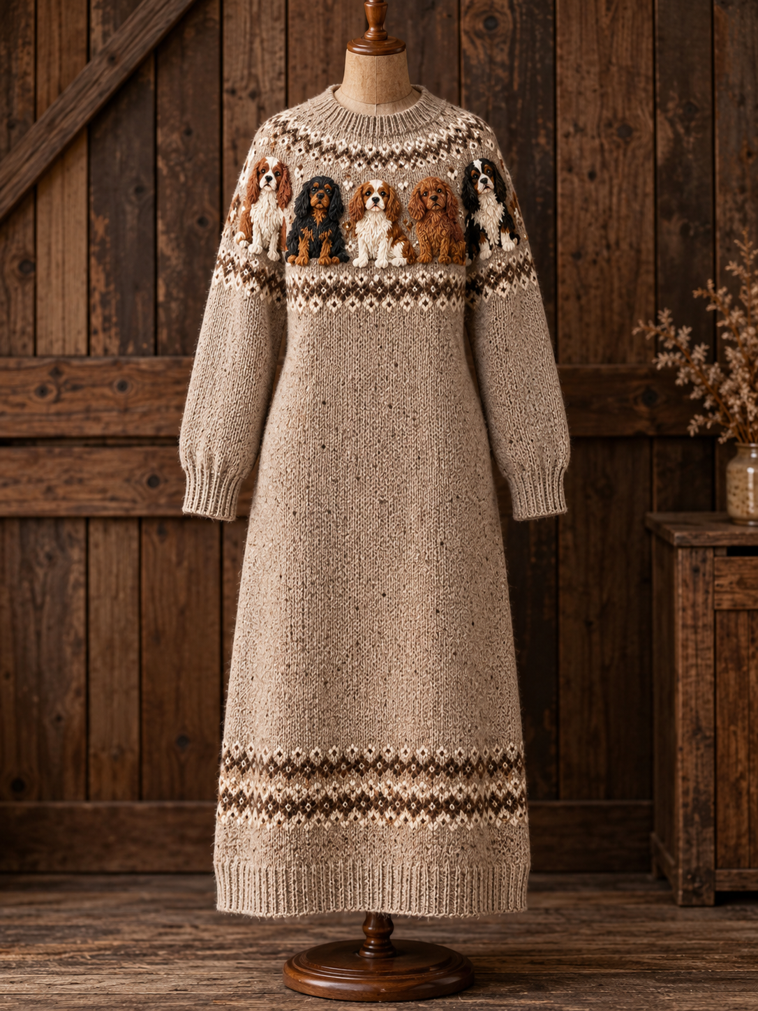 Cute Pets Vintage Round Neck Long-Sleeve Sweater Dress