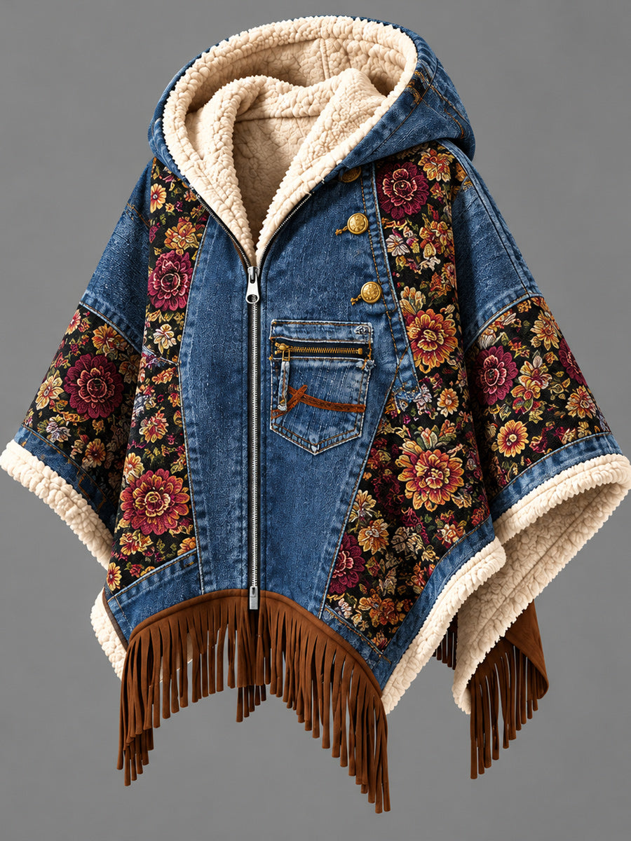 Women's Fall Winter Vintage Art Fleece-Lined Hooded Fringe Poncho