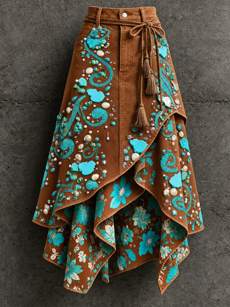 Women's Retro Style Art Print Irregularly Layered Stitched Skirt