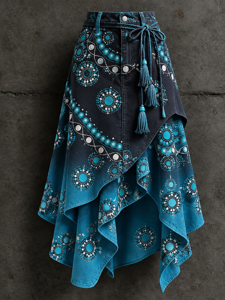 Women's Retro Style Art Print Irregularly Layered Stitched Skirt