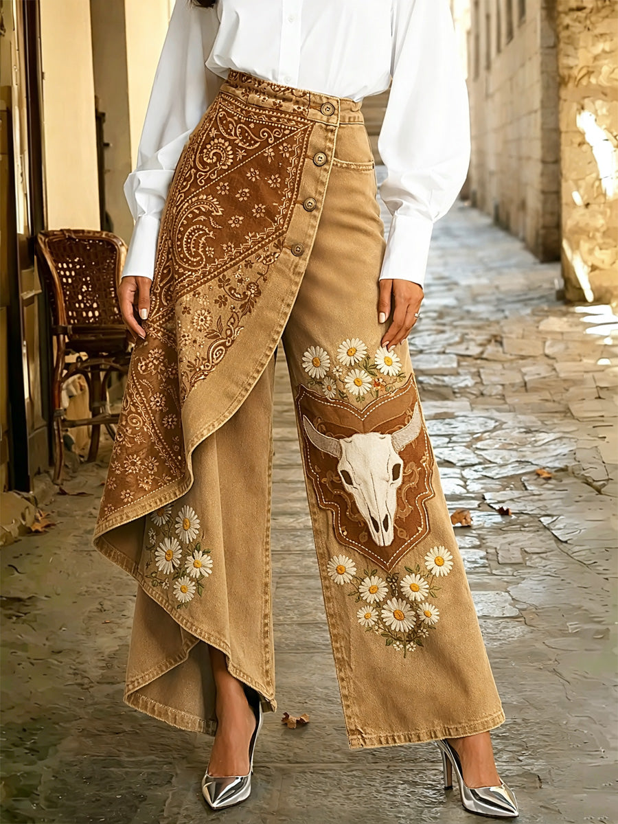 Women's Retro Hippie Art Print Casual Style Irregular Wide Leg Pants