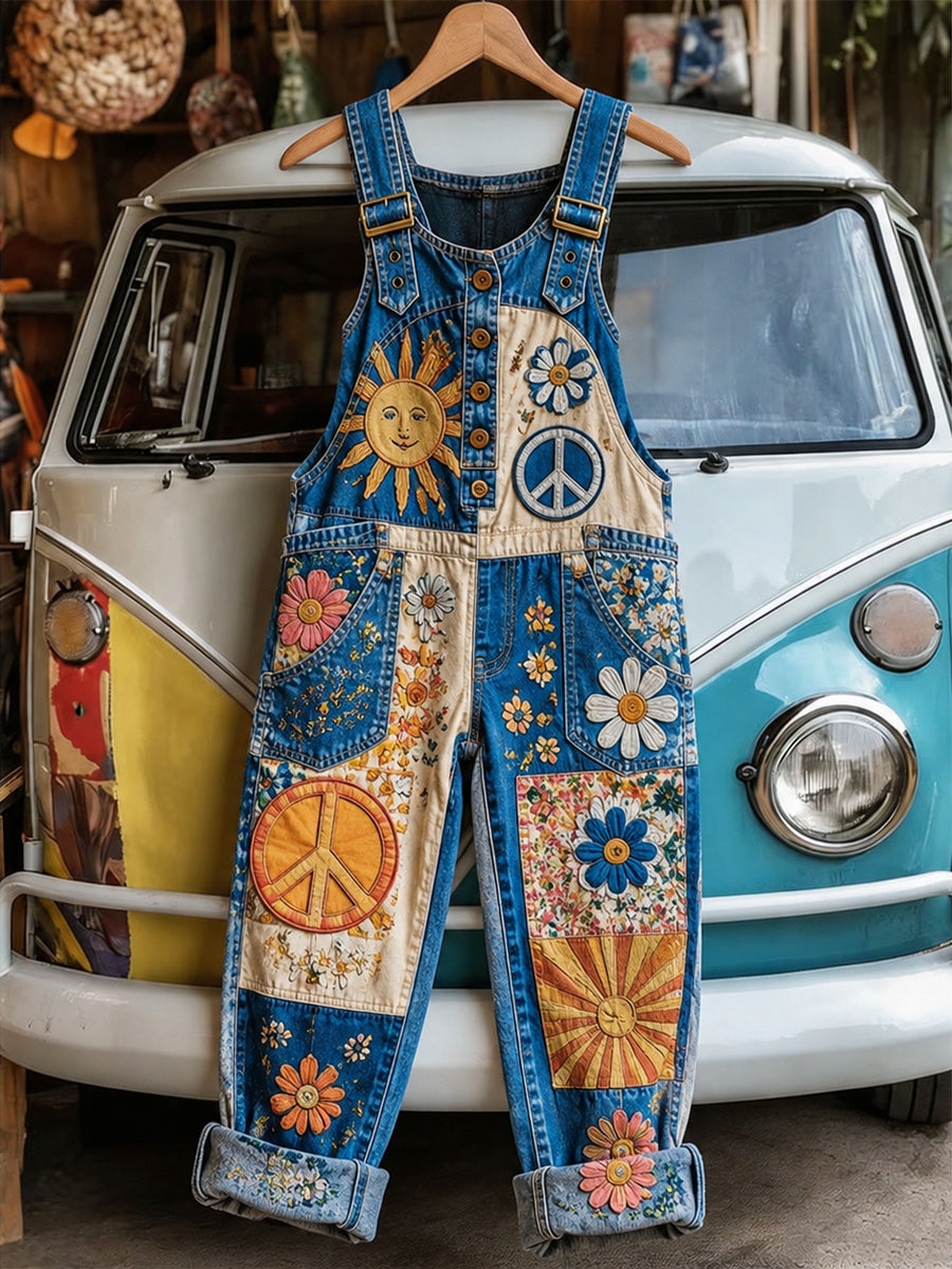 Women's Retro Style Art Print Washed Cotton Denim Patchwork Jumpsuit