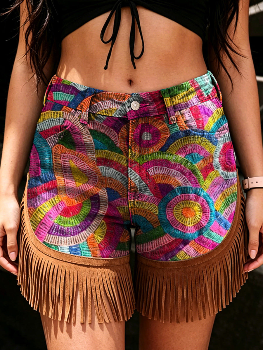 Women's Retro Style Art Print Casual Leather Fringe Patchwork Pocket Shorts
