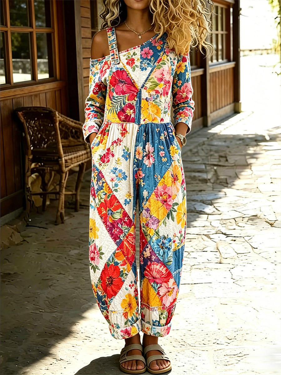 Women's Retro Style Floral Art Print Washed Cotton Denim Patchwork Jumpsuit