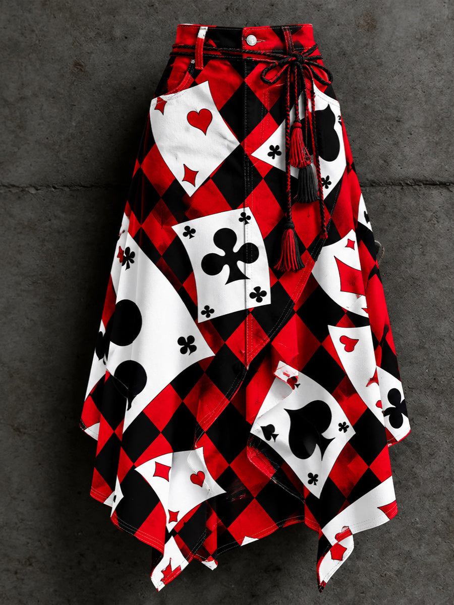 Women's Retro Style Art Print Irregularly Layered Stitched Skirt