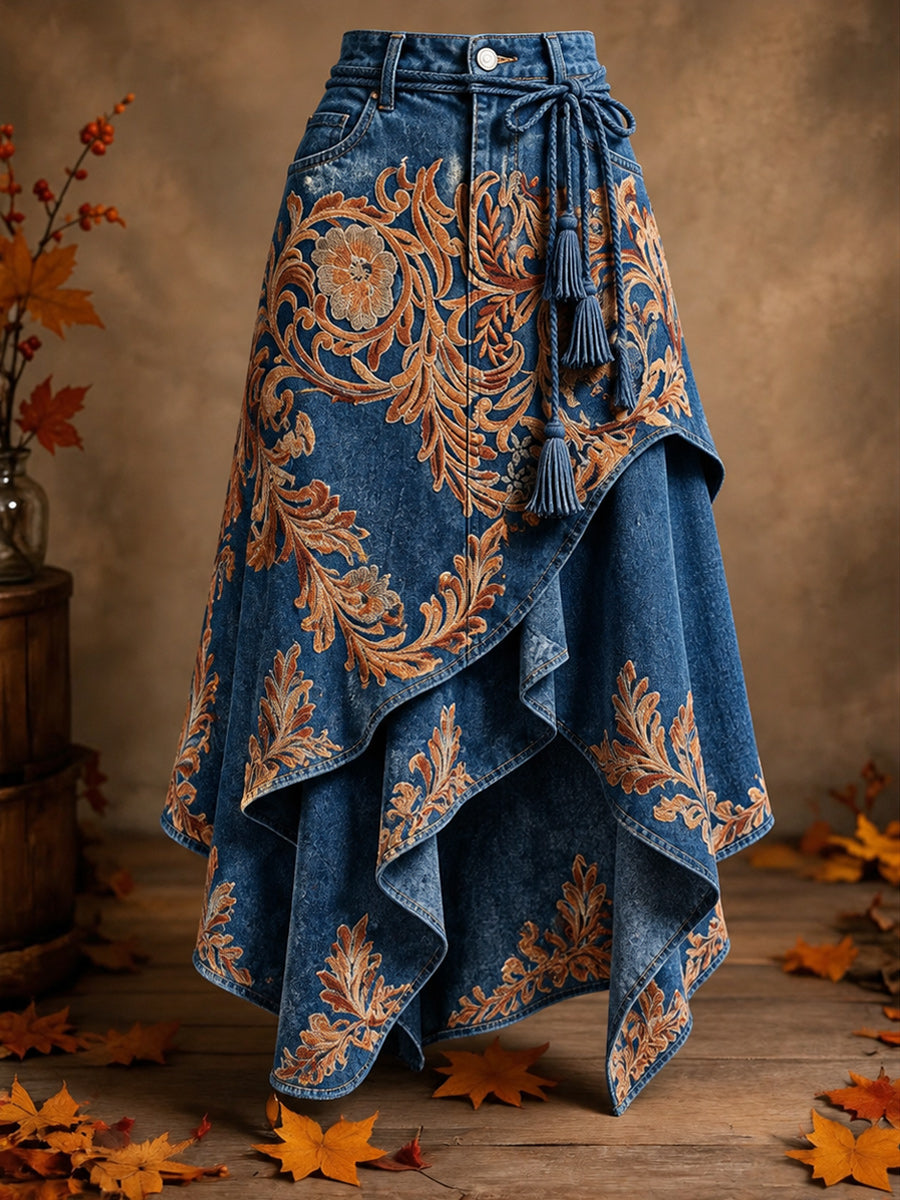 Women's Retro Style Art Print Irregularly Layered Stitched Skirt