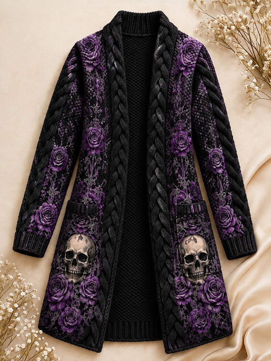 Retro Style Art Print Casual Pocket Mid-Length Knitted Cardigan Coat