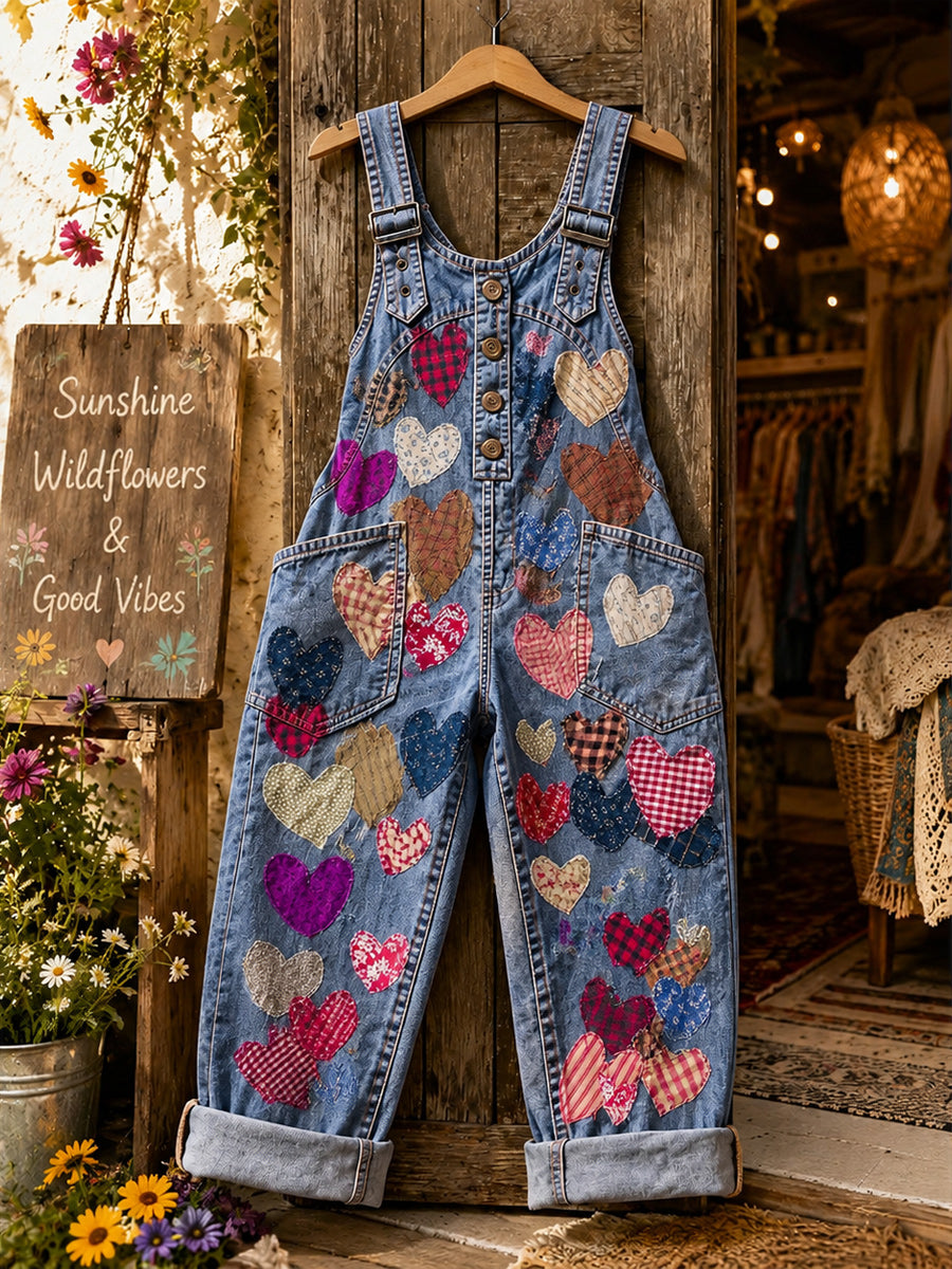 Women's Retro Style Art Print Washed Cotton Denim Patchwork Jumpsuit
