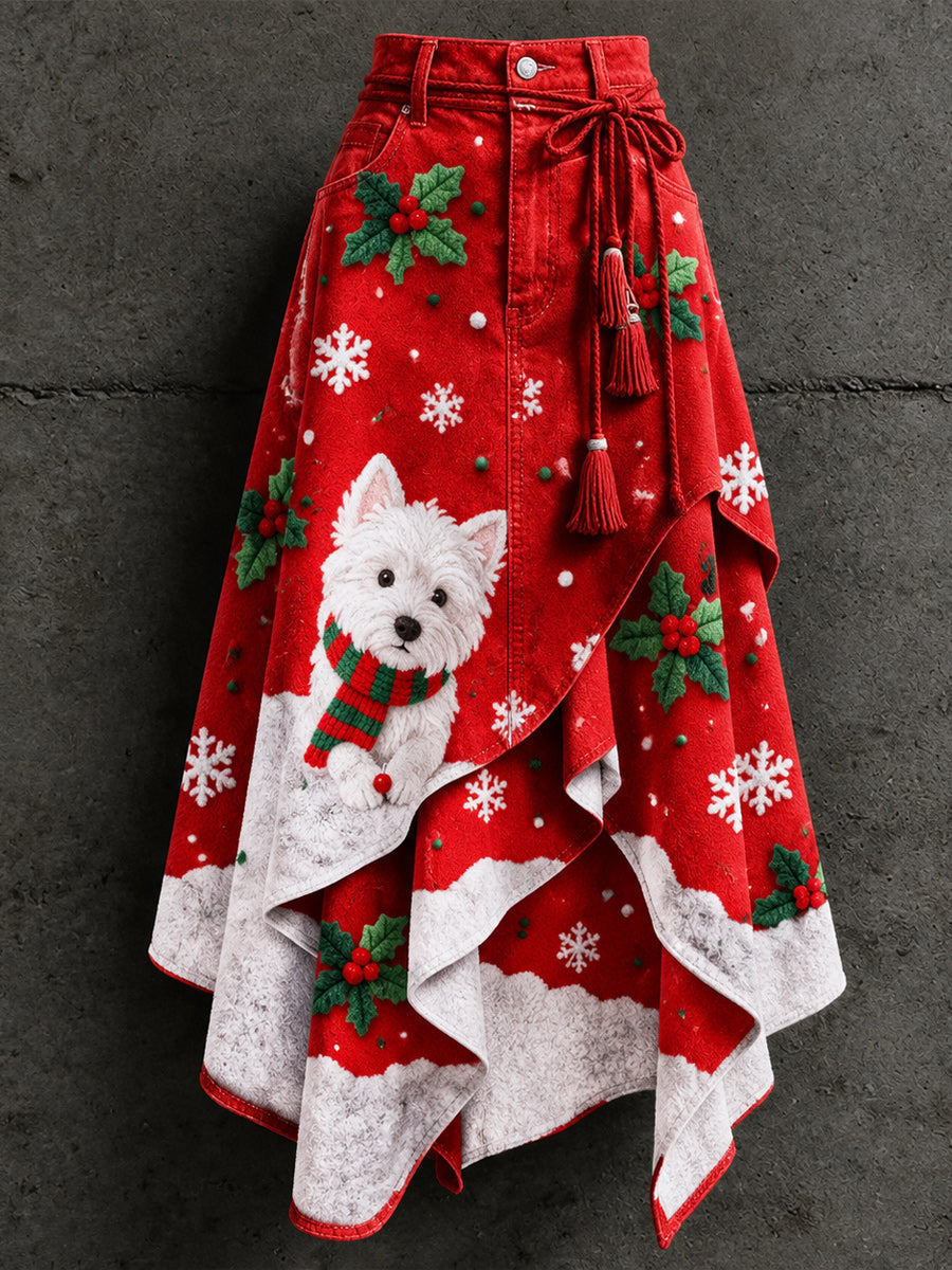 Women's Retro Style Art Print Irregularly Layered Stitched Skirt