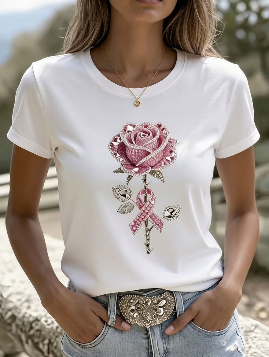 Women's Pink Rhinestone Rose And Awareness Ribbon Print T-Shirt