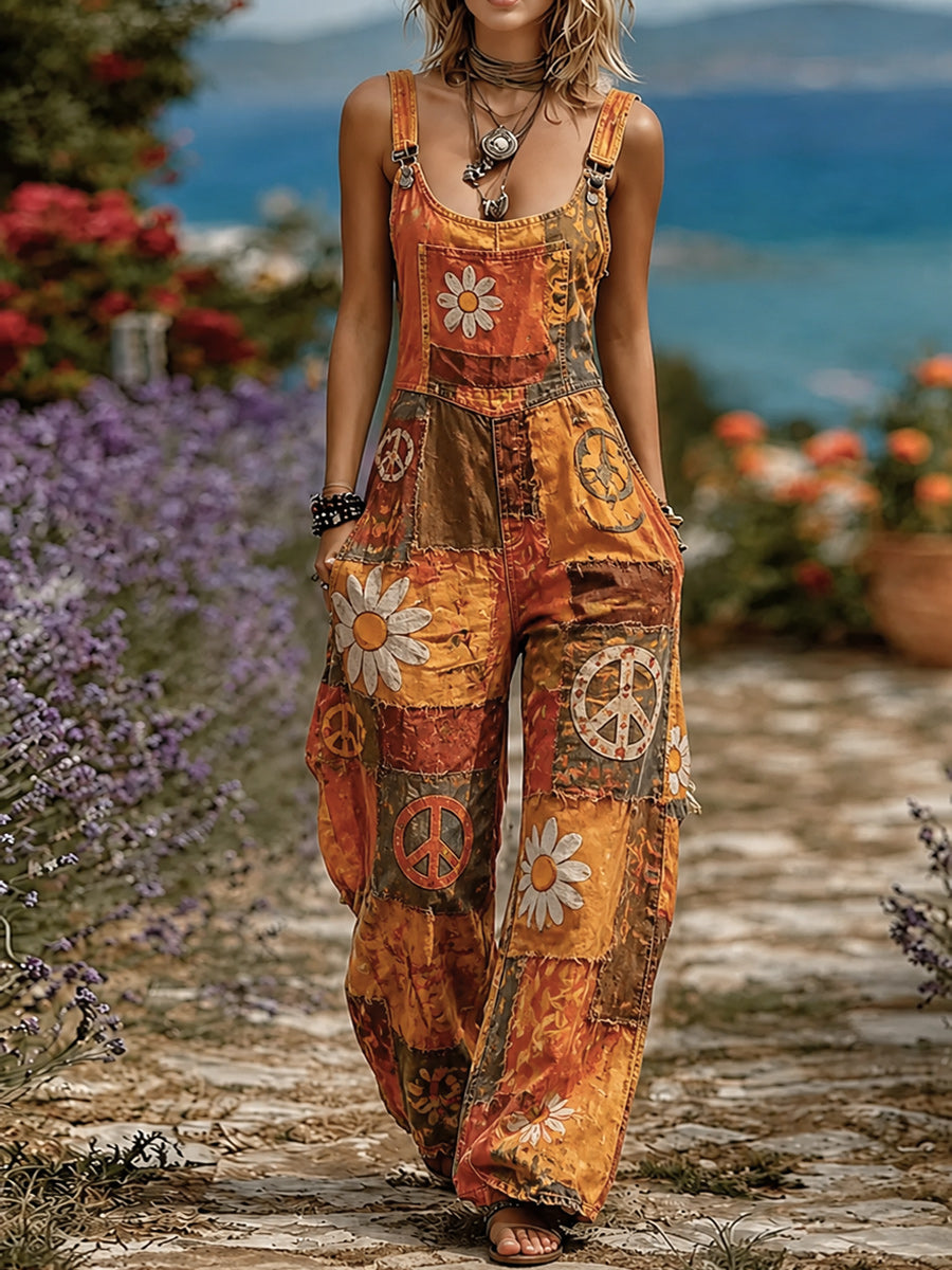 Women's Retro Style Art Print Washed Cotton Denim Patchwork Jumpsuit