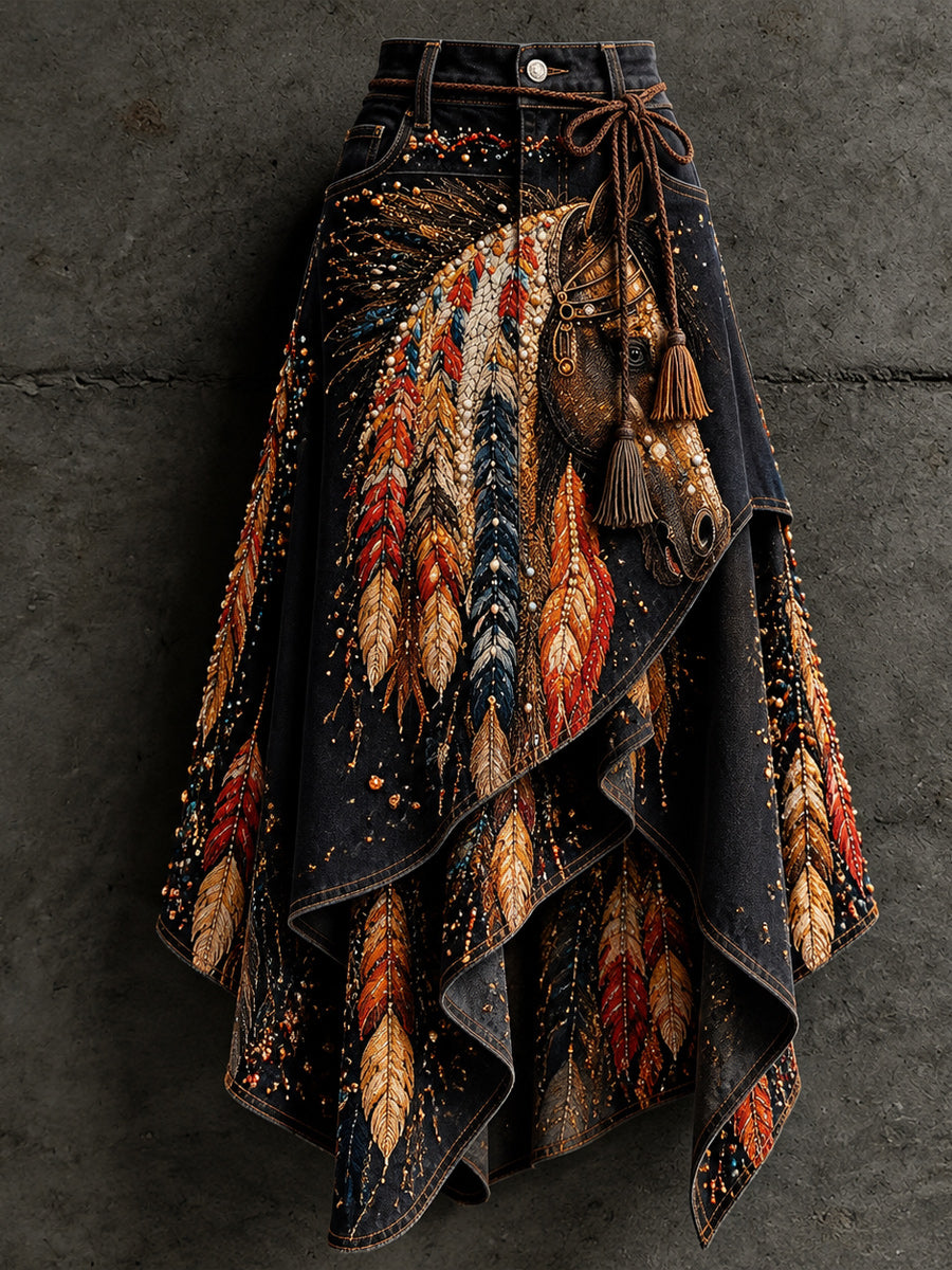 Women's Retro Style Art Print Irregularly Layered Stitched Skirt