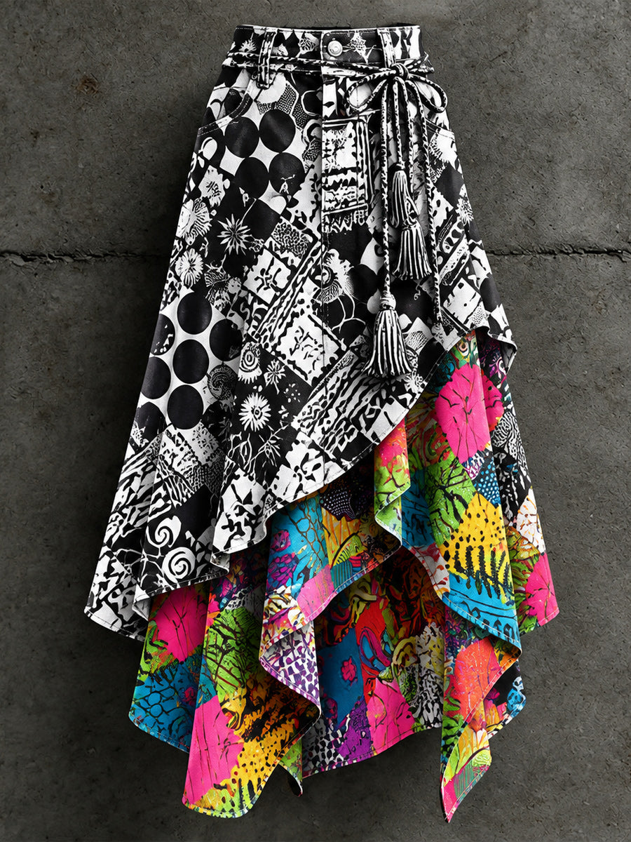 Women's Retro Style Art Print Irregularly Layered Stitched Skirt