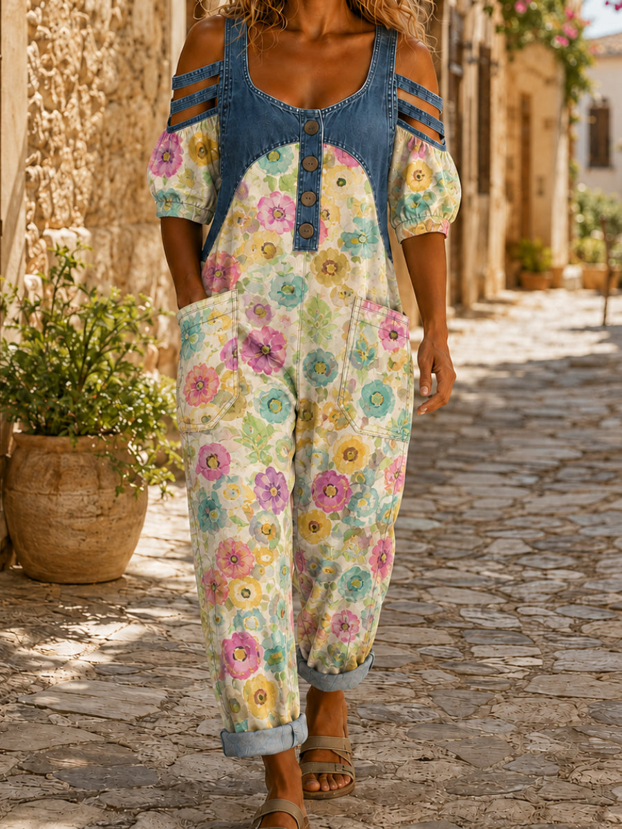 Women's Casual Sleeveless Denim Patchwork Jumpsuit
