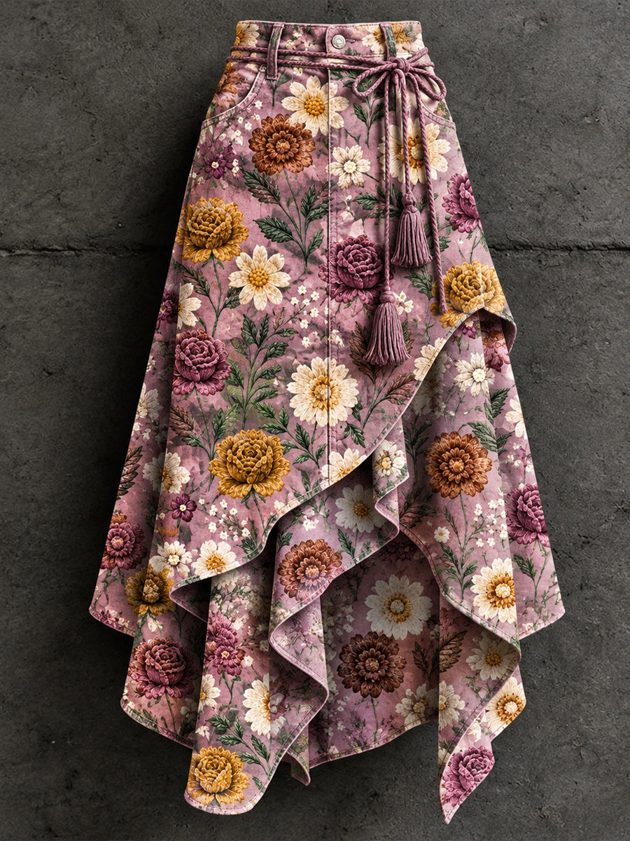 Women's Retro Style Art Print Irregularly Layered Stitched Skirt