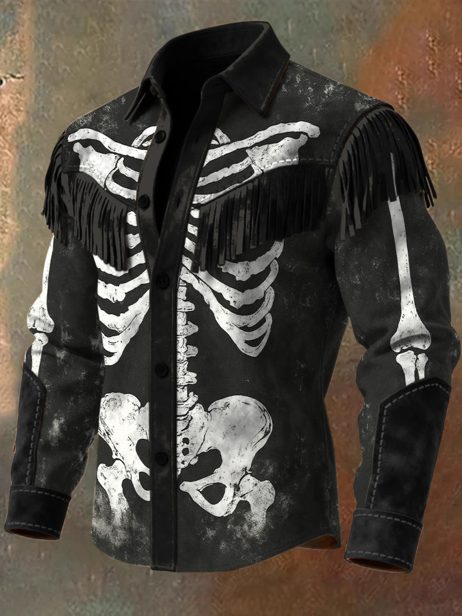 Men's Retro Western Style Art Print Vintage Tassel Casual Long Sleeve Shirt