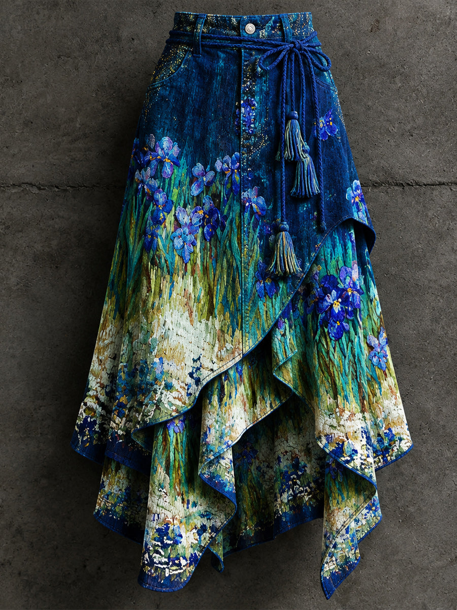 Women's Retro Style Art Print Irregularly Layered Stitched Skirt