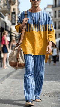 Men's Fashionable Abstract Stripes Print Casual Comfort Crew Neck Top And Pants Two-piece Set