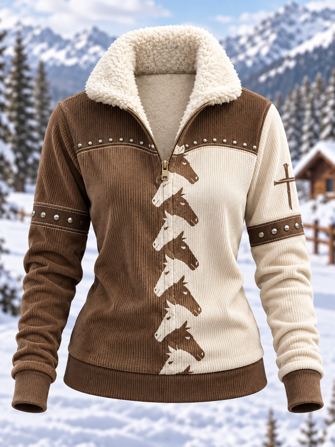 Western Style Art Print Fur Collar Long Sleeve Vintage Coat