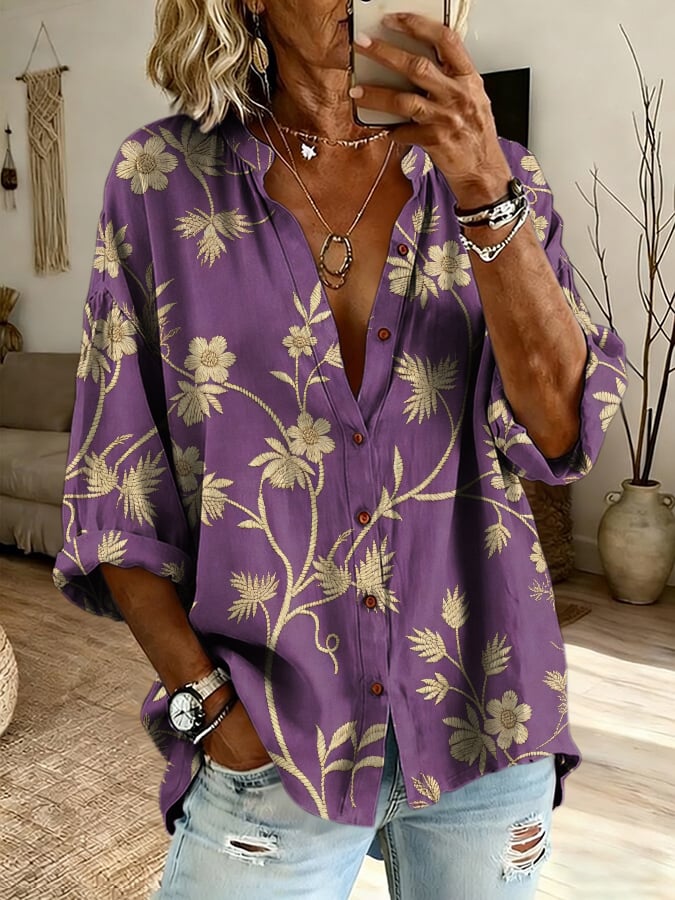 Women's  Purple Art Design Print Casual Cotton And Linen Shirt