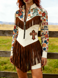 Flower Statue Of Liberty Cross Embroidered Tassel Western Dress