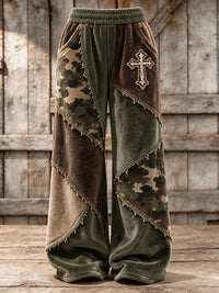 Women's Retro Camouflage Cross Pattern Patchwork Print Casual Flannel Sweatpants