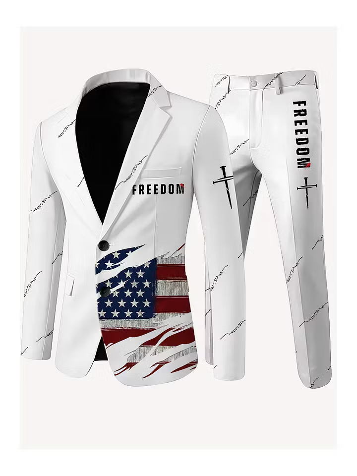 Men's Freedom American Flag Print Casual Jacket Trousers Two-Piece Suits
